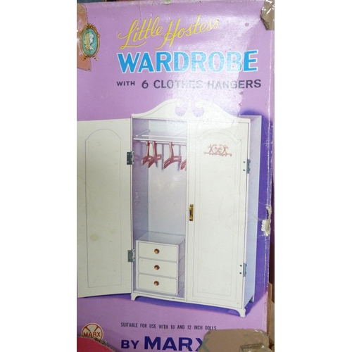 44 - Carton containing boxed and loose Marx doll's furniture to include wardrobe, sideboard, dining table... 