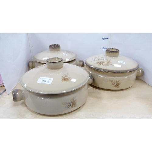 48 - Small group of Denby 'Memories' pattern casserole dishes and covers, butter dish and cover, two stor... 