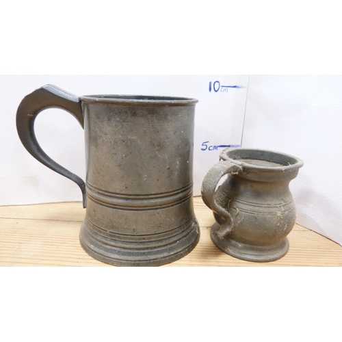 5 - Enamel flour container and cover, pewter tankards, trays, coffee grinder, teapot etc.