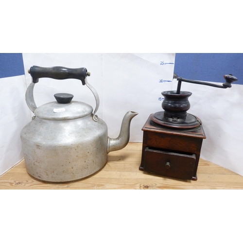 5 - Enamel flour container and cover, pewter tankards, trays, coffee grinder, teapot etc.