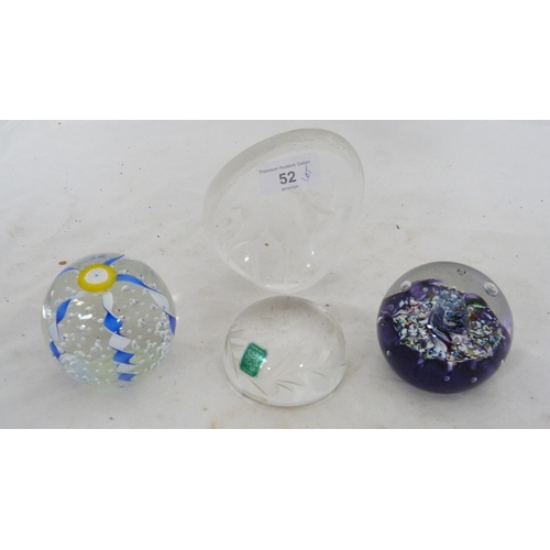 52 - Small group of art glass to include paperweights, modern vase, French enamel decorated dish, green g... 