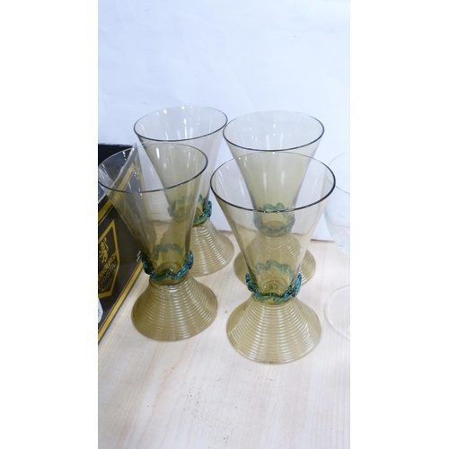 57 - Loetz-style green glass vase, silver overlaid green glass vase, set of four ornate glasses, probably... 