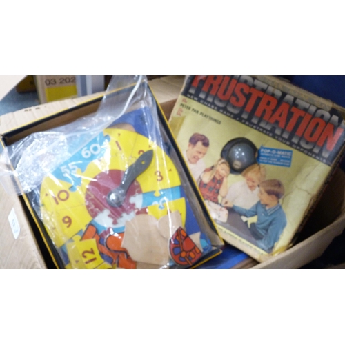 62 - Two cartons containing games to include mahjong, snakes and ladders, Chinese chequers, Frustration a... 