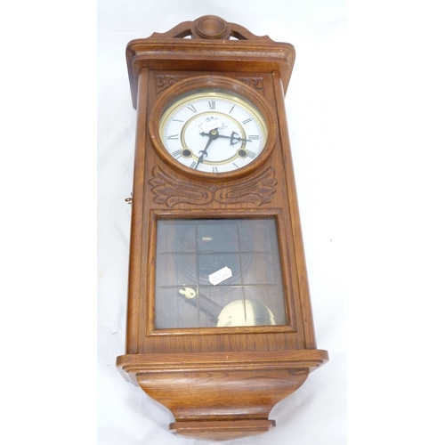 64 - Westminster chime mantel clock with presentation plaque and a wall clock, retailed by P Watson &... 