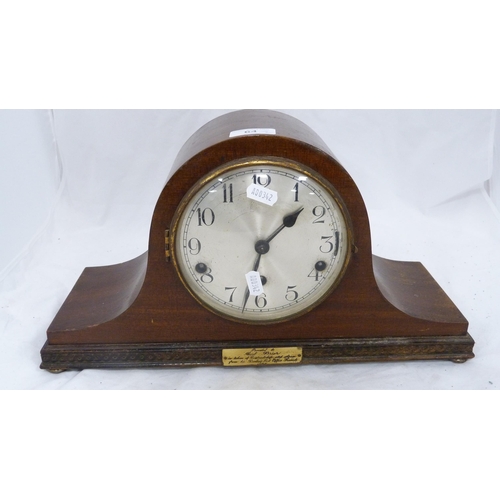 64 - Westminster chime mantel clock with presentation plaque and a wall clock, retailed by P Watson &... 