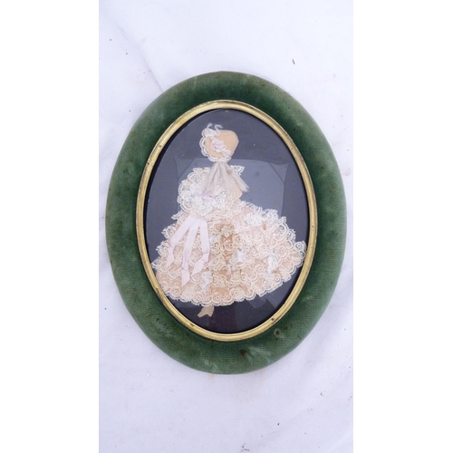 76 - Pair of antique-style portrait miniatures in simulated bone frames and an Art Deco-style lace silhou... 