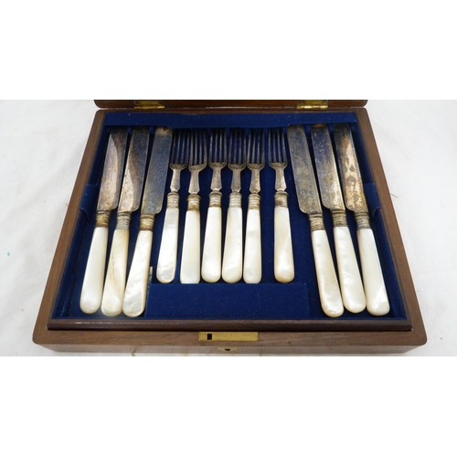 97 - Boxed set of twelve EP fruit knives and forks with mother of pearl handles.