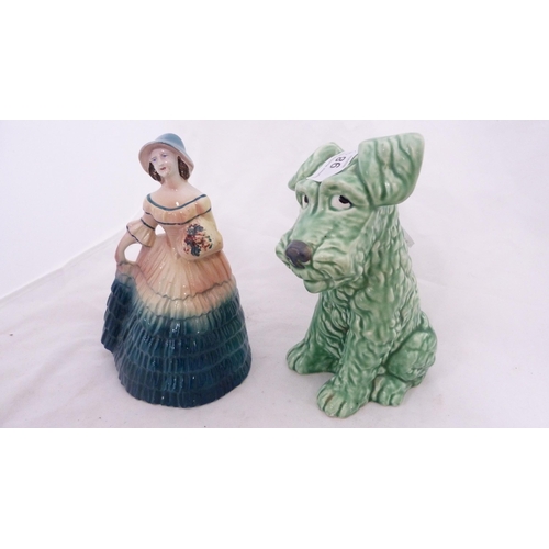 98 - Sylvac green glazed terrier figure, Art Deco figurine, Staffordshire pastille burner modelled as a h... 