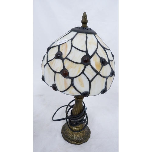 99 - Pair of metal Art Deco-style figural table lamps with mottled glass shades, and a Tiffany-style tabl... 