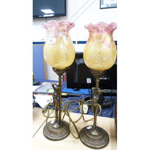 99 - Pair of metal Art Deco-style figural table lamps with mottled glass shades, and a Tiffany-style tabl... 