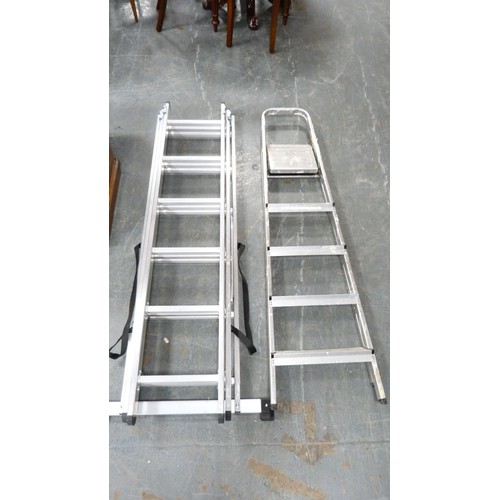 456 - Three-piece ladder and a set of aluminium steps.