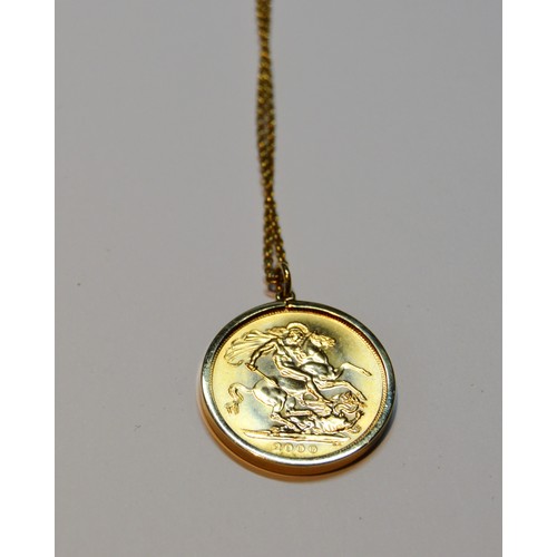 170 - Gold sovereign, 2000, on 9ct gold detachable mount with necklet, 10g gross.