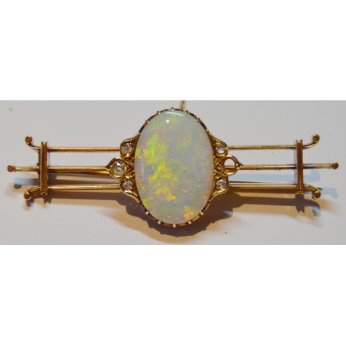 146 - Edwardian gold triple bar brooch with an oval opal and (now) five diamonds, in gold, signed (probabl... 