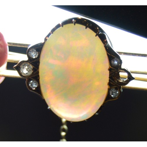 146 - Edwardian gold triple bar brooch with an oval opal and (now) five diamonds, in gold, signed (probabl... 