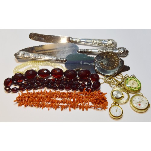 147 - Branch coral necklet, another two, and various watches and flatware.