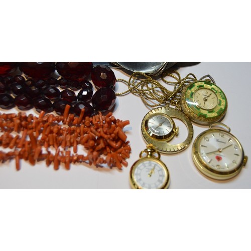 147 - Branch coral necklet, another two, and various watches and flatware.