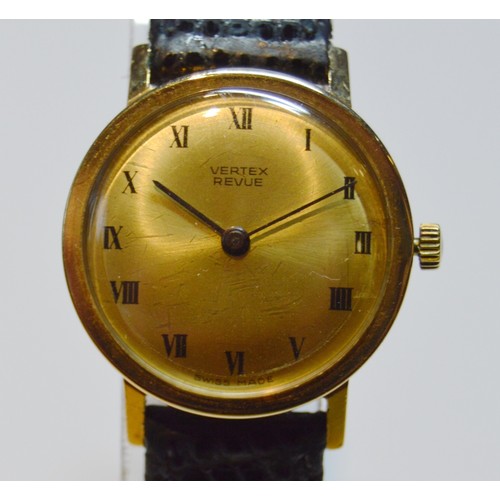 184 - Lady's Vertex Revue 9ct gold watch, on strap.