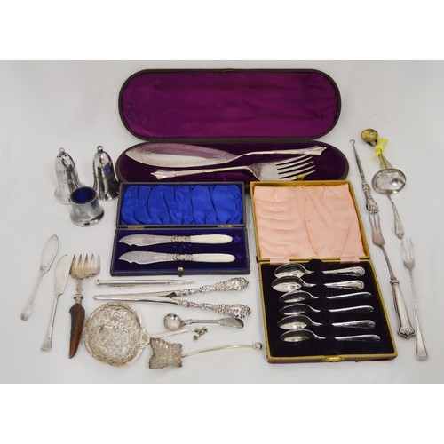 64 - Set of six silver coffee spoons, a pair of EP fish servers, both cased, and various flatware.