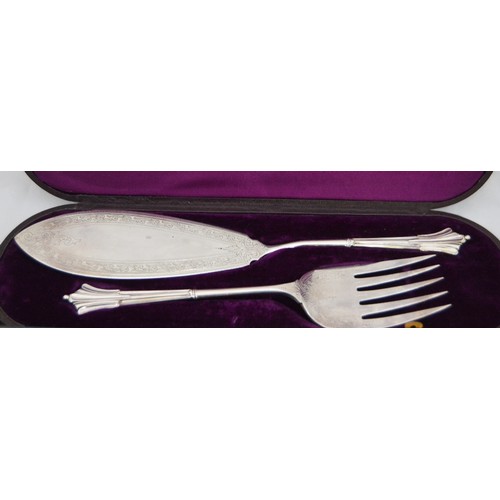 64 - Set of six silver coffee spoons, a pair of EP fish servers, both cased, and various flatware.