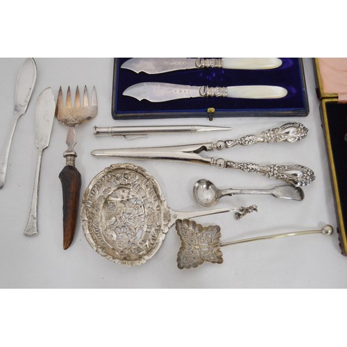 64 - Set of six silver coffee spoons, a pair of EP fish servers, both cased, and various flatware.