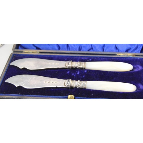 64 - Set of six silver coffee spoons, a pair of EP fish servers, both cased, and various flatware.