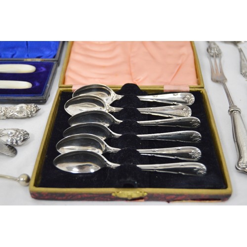 64 - Set of six silver coffee spoons, a pair of EP fish servers, both cased, and various flatware.