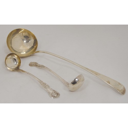 65 - Silver soup ladle, 1791, and a pair of silver toddy ladles, King's pattern, Glasgow 1865, 266g. (3)