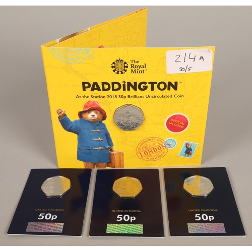 214A - Four Paddington uncirculated 50p coins one in presentation folder