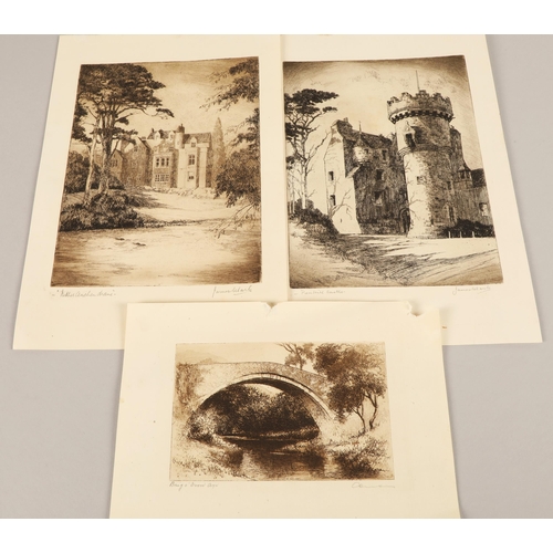 552 - Three pencil signed unframed etchings, including Brig o Doon and Penkill castle, and another