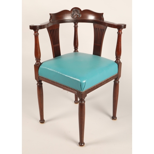 627 - Mahogany corner chair with blue leather upholstery