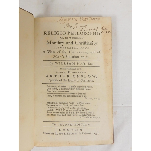 190 - HAY WILLIAM.  Religio Philosophi or The Principles of Morality & Christianity Illustrated from a... 