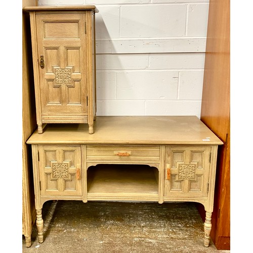 670 - Ornate carved bedroom suite comprising side table with fitted drawers, side unit and large wardrobe ... 