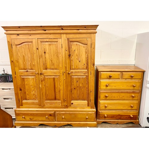 687 - Large pine wardrobe with two over three pine chest of drawers