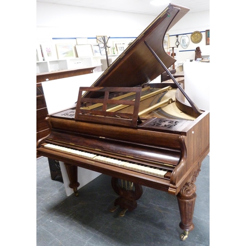 382 - Victorian rosewood-cased semi grand piano by John Broadwood & Sons, London, on turned supports w... 