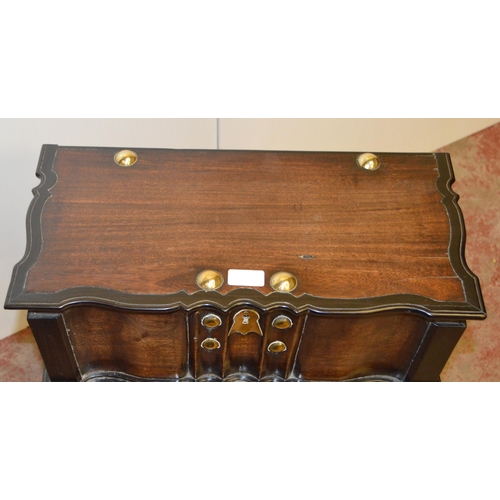 438 - Dutch Colonial teak and ebony work table, the hinged top with brass studs and to the frieze, on barl... 