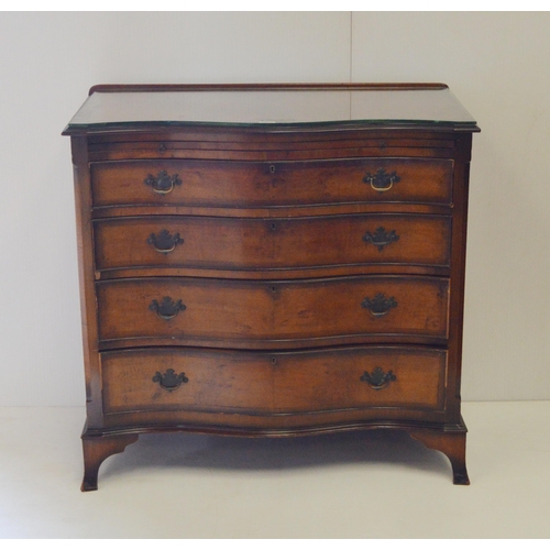 439 - Georgian-style walnut serpentine chest of four drawers, with brushing slide, on bracket feet, 97cm h... 