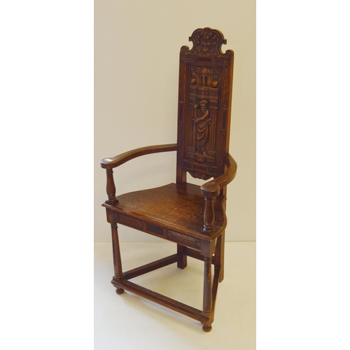 440 - Gothic Revival caquetoire oak elbow chair, with carved narrow horn back depicting a 17th century fig... 