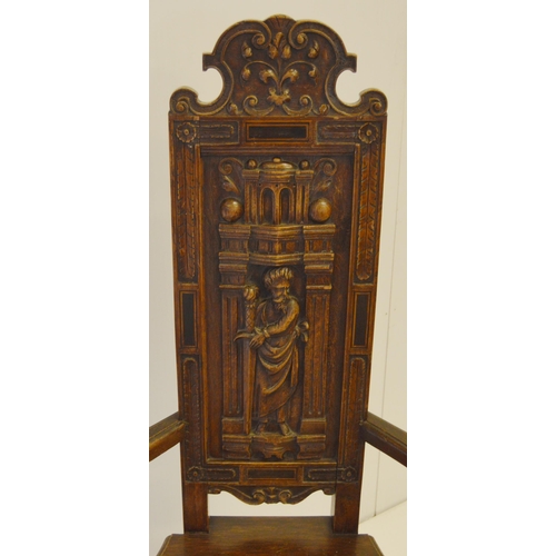 440 - Gothic Revival caquetoire oak elbow chair, with carved narrow horn back depicting a 17th century fig... 