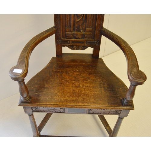 440 - Gothic Revival caquetoire oak elbow chair, with carved narrow horn back depicting a 17th century fig... 