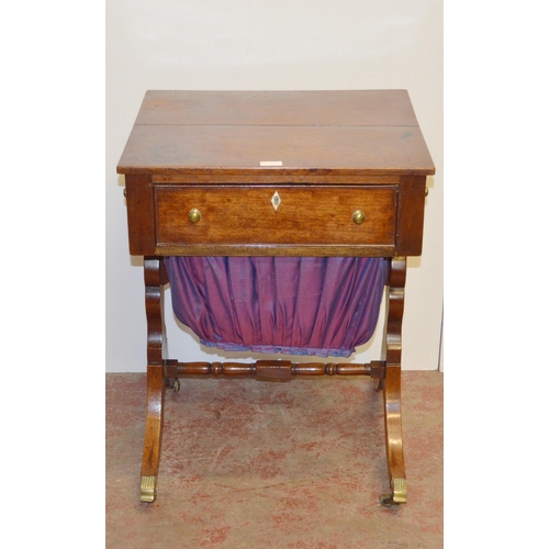 442 - Georgian mahogany work table, with single drawer enclosing a pine-lined interior, opposing faux draw... 