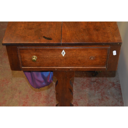 442 - Georgian mahogany work table, with single drawer enclosing a pine-lined interior, opposing faux draw... 