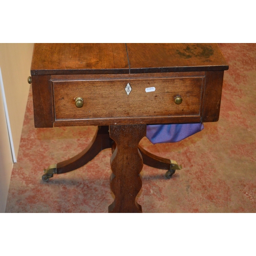 442 - Georgian mahogany work table, with single drawer enclosing a pine-lined interior, opposing faux draw... 