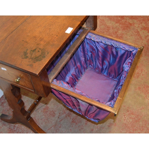 442 - Georgian mahogany work table, with single drawer enclosing a pine-lined interior, opposing faux draw... 