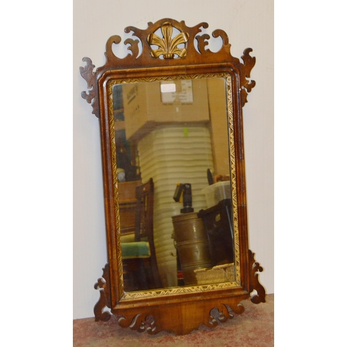 399 - George III mahogany and gilt fret framed wall mirror with Prince of Wales-type surmount, all over gi... 