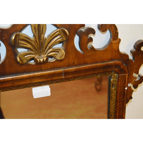 399 - George III mahogany and gilt fret framed wall mirror with Prince of Wales-type surmount, all over gi... 