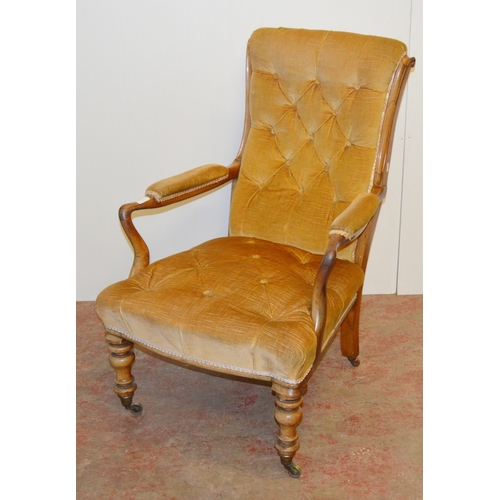 444 - 19th century rosewood lady's button-back armchair, upholstered in later mustard stuff-over Dralon, o... 