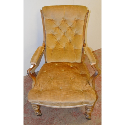 444 - 19th century rosewood lady's button-back armchair, upholstered in later mustard stuff-over Dralon, o... 