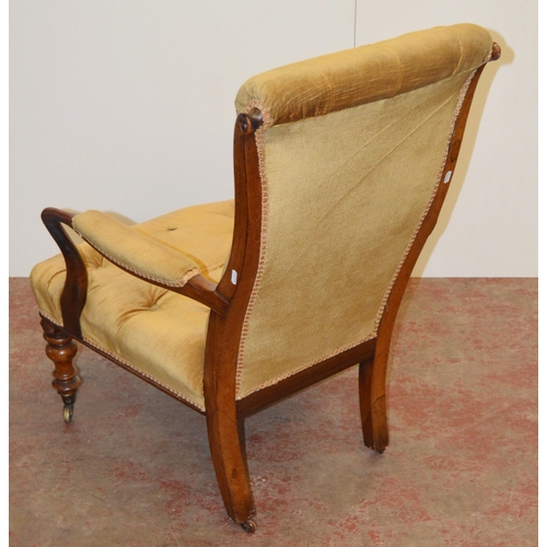 444 - 19th century rosewood lady's button-back armchair, upholstered in later mustard stuff-over Dralon, o... 