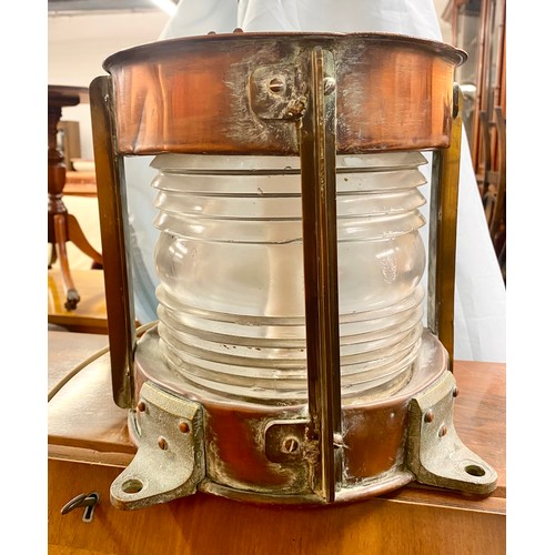 637 - Copper & brass ship's lamp, converted to electric, 27cm h, approx 28cm diameter