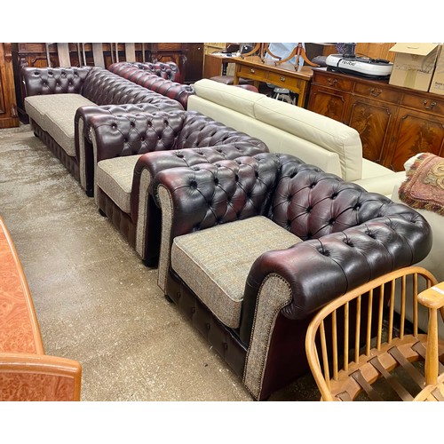 609 - Chesterfield wine leather Tweed upholstered three seater settee & two armchairs